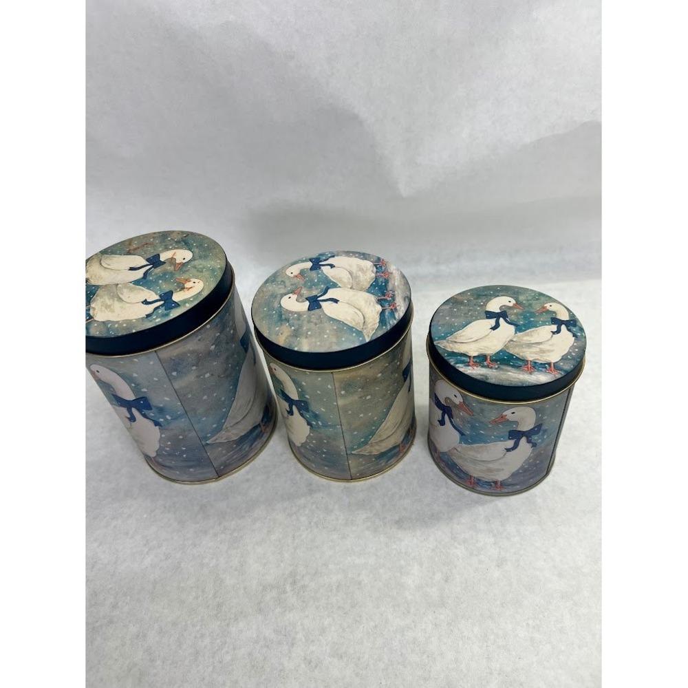 Vintage Country Goose Nesting Kitchen Canisters Set of 3 Blue Bow Winter Tins